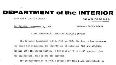 A New Approach to Injurious Wildlife Imports September 2, 1976