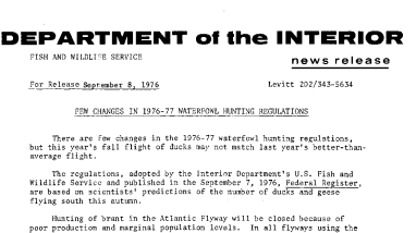 Few Changes in 1976-77 Waterfowl Hunting Regulations September 8, 1976