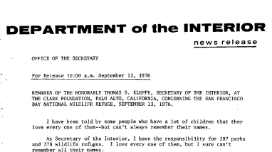 Remarks of Hon. Thomas S.KLEPPE, Sec't. of Interior at Clark Foundation Concerning San Fransico Bay Nat'l. Wildlife Refuge--September 13, 1976