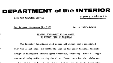 Federal Government to Pay Costs of Forest Fire in Michigan September 22, 1976