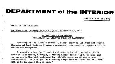 Kleppe Calls Ford Program Commitment for Improved Wildlife Management September 23, 1976