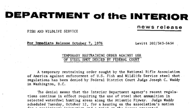 Temporary Restraining Order Against Use of Steel Shot Denied by Federal Court October 7, 1976