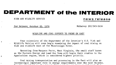 Wildlife and Coal Experts to Focus on East October 20, 1976