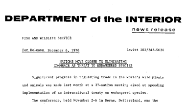 Nations Move Closer to Eliminating Commerce as Threat to Endangered Species December 6, 1976