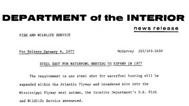Steel Shot for Waterfowl Hunting to Expand in 1977 January 4, 1977