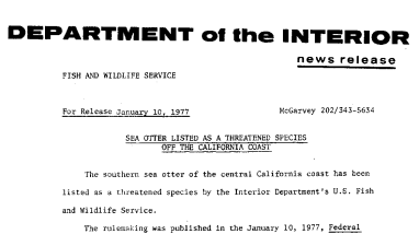 Sea Otter Listed as A Threatened Species off the California Coast January 10, 1977