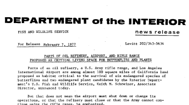 Parts of Oil Refinery, Airport, and Rifle Range Proposed as Critical Living Space for Butterflies and Plants February 7, 1977