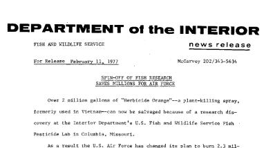 Spin-Off of Fish Research Saves Millions for Air Force February 11, 1977