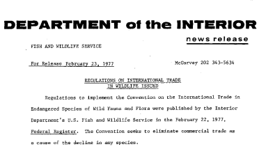 Regulations on International Trade in Wildlife Issued February 23, 1977