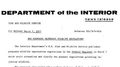 New Proposed Injurious Wildlife Regulations March 7, 1977