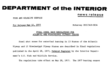 Final Steel Shot Regulations for Atlantic and Mississippi Flyways Issued May 11, 1977