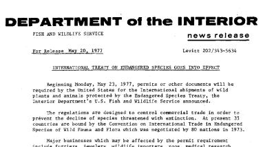 International Treaty on Endangered Species Goes Into Effect May 20, 1977