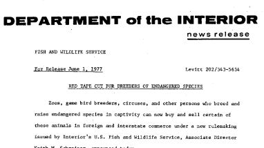 Red Tape Cut for Breeders of Endangered Species June 1, 1977