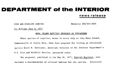 Mona Island Reptiles Proposed as Threatened June 6, 1977