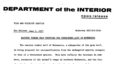 Eastern Timber Wolf Proposed for Threatened List in Minnesota June 7, 1977
