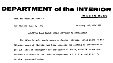 Atlantic Salt Marsh Snake Proposed as Threatened June 7, 1977