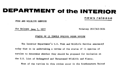 Status of 11 Turtle Species Under Review June 7, 1977