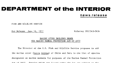 Marine Otter Included Under the Marine Mammal Protection Act of 1972 June 16, 1977