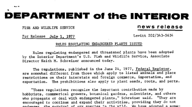 Rules Regulating Endangered Plants Issued July 1, 1977