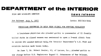 Physician Sentenced to Hold Free Clinic for Hunting Violation July 5, 1977