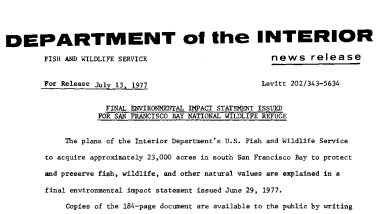 Final Environmental Impact Statement Issued for San Francisco Bay National Wildlife Refuge July 13, 1977