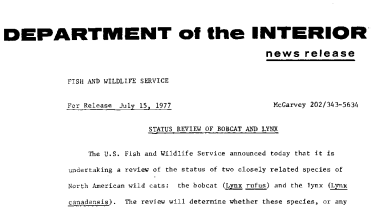Status Review of Bobcat and Lynx July 15, 1977