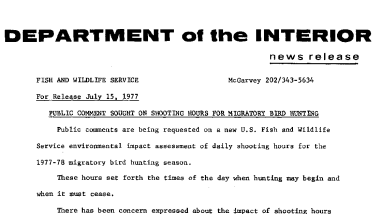 Public Comment Sought on Shooting Hours for Migratory Bird Hunting July 15, 1977
