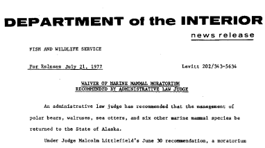 Waiver of Marin Mammal Moratorium Recommended by Administrative Law Judge July 21, 1977