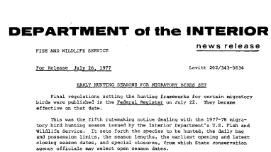 Early Hunting Seasons for Migratory Birds Set July 26, 1977