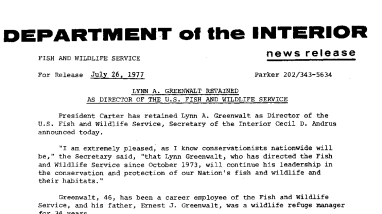 Lynn A. Greenwalt Retained as Director of the U.S. Fish and Wildlife Service July 26, 1977