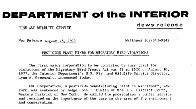 Pesticide Plant Fined for Migratory Bird Violations August 25, 1977