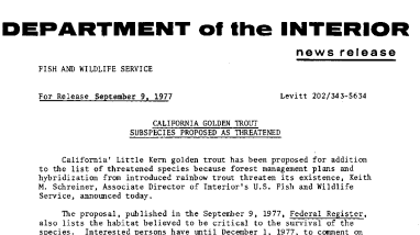 California Golden Trout Subspecies Proposed as Threatened September 9, 1977