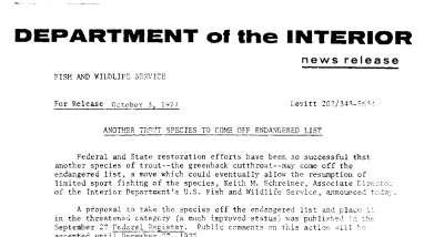 Another Trout Species to Come off Endangered List October 3, 1977