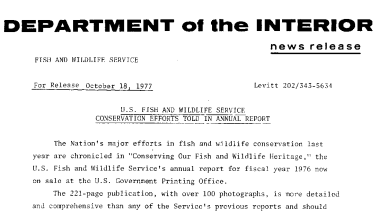 U.S. Fish and Wildlife Service Conservation Efforts Told in Annual Report October 18, 1977