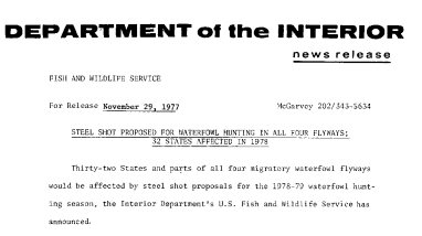 Steel Shot Proposed for Waterfowl Hunting in All Four Flyways; 32 States Affected in 1978 November 29, 1977