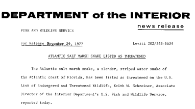 Atlantic Salt Marsh Snake Listed as Threatened November 29, 1977