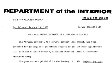 African Elephant Proposed as A Threatened Species January 16, 1978