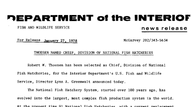 Thoesen Named Chief, Division of National Fish Hatcheries January 27, 1978
