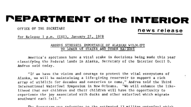 Andrus Stresses Importance of Alaskan Wildlife to Lower 48 States and Other Naitons January 27, 1978