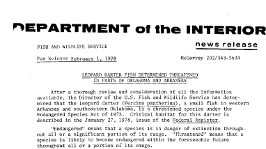 Leopard Darter Fish Determined Threatened in Parts of Oklahoma and Arkansas February 1, 1978