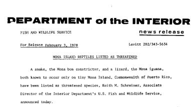 Mona Island Reptiles Listed as Threatened February 3, 1978