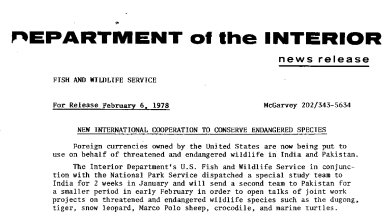 New International Cooperation to Conserve Endangered Species February 6, 1978