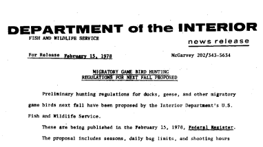 Migratroy Game Bird Hunting Regulations for Next Fall Proposed February 15, 1978