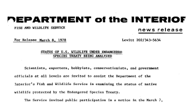 Status of U.S. Wildlife Under Endangered Species Treaty Being Analyzed March 8, 1978