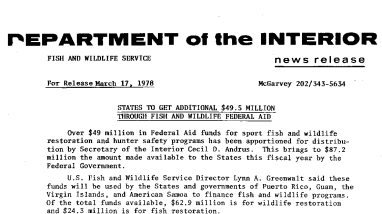 States to Get Additional $49.5 Million Through Fish and Wildlife Federal Aid March 17, 1978