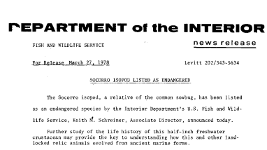 Socorro Isopod Listed as Endangered March 27, 1978