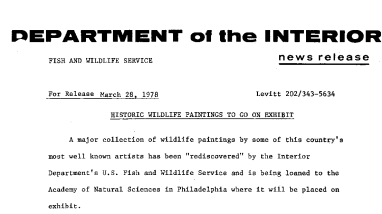 Historic Wildlife Paintings to Go on Exhibit March 28, 1978