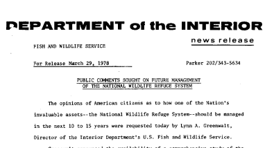 Public Comments Sought on Future Management of the National Wildlife Refuge System March 29, 1978