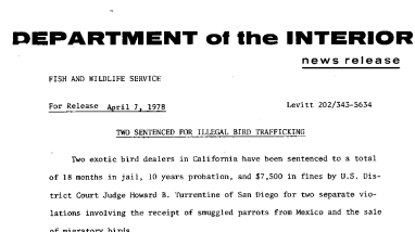 Two Sentenced for Illegal Bird Trafficking April 7, 1978