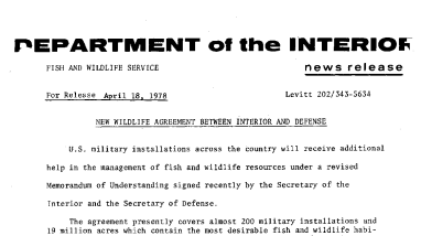 New Wildlife Agreement Between Interior and Defense April 18, 1978